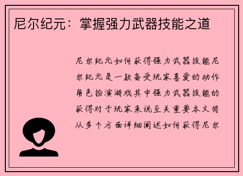 尼尔纪元：掌握强力武器技能之道